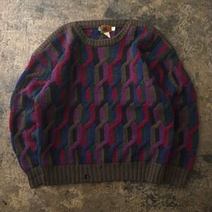 Vintage 90s Boston Traders Multicolor Cable Knit Wool Sweater L Coogi Style